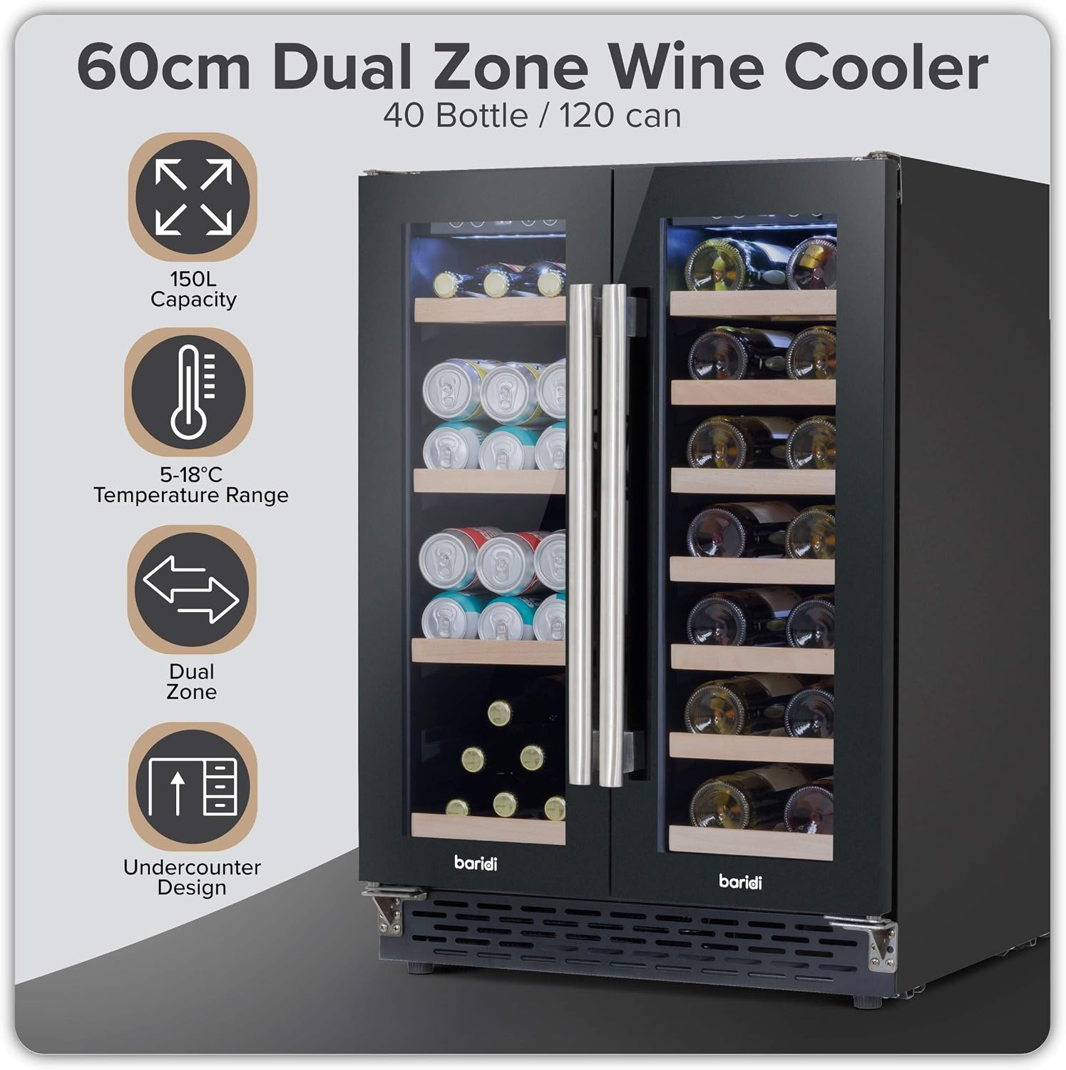 Baridi 40 Bottle/120 Can Dual Zone Undercounter/Freestanding Wine & Drinks Fridge, Black - DH96 40 Bottles
