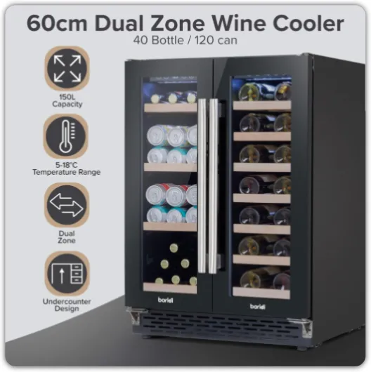 Baridi 40 Bottle/120 Can Dual Zone Undercounter/Freestanding Wine & Drinks Fridge, Black - DH96 40 Bottles