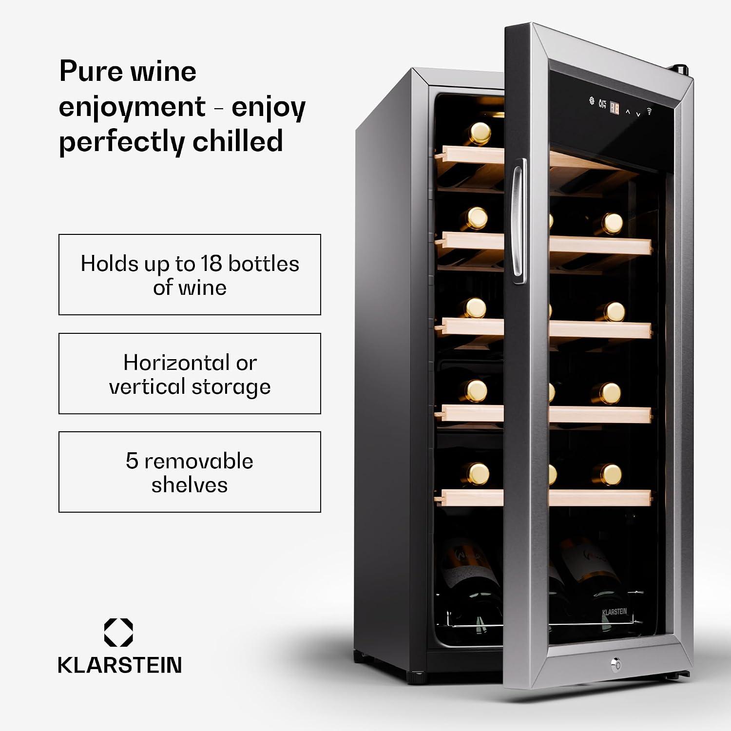 Shiraz Free-standing Wine Cooler Drinks Fridge, Single Zone Wine Fridges, Prosecco & Beer Bottles, Touch Pad, Indoor/Outdoor Bar Fridge & Cooler for Garden, 5-18°C, 18 Bottles Smart / 18 Bottles Stainless Steel