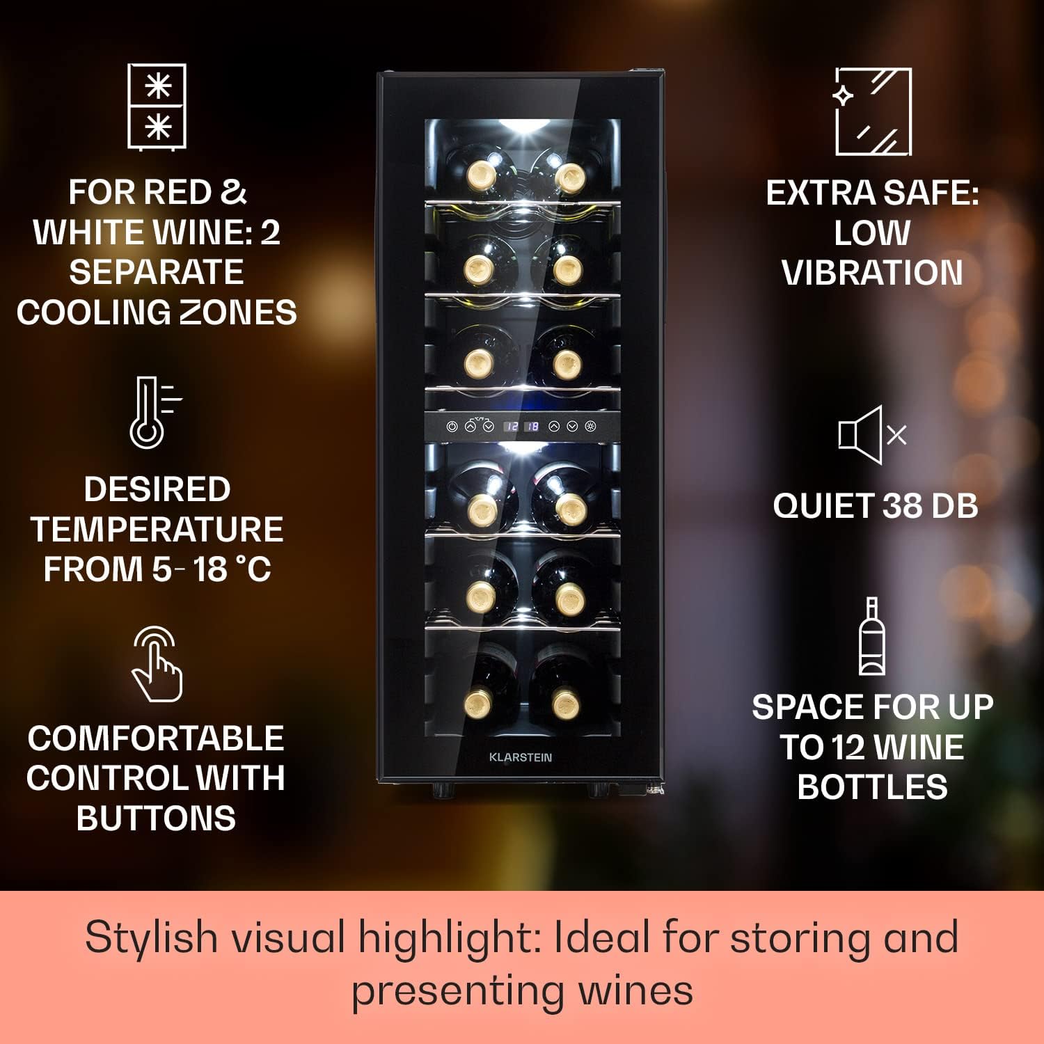 Shiraz Wine Cooler Black – 12 Bottles, 42 L, 2 Zones - Freestanding Wine Fridge with Glass Door, Quiet, 5–18 °C, LED, Stainless Steel Frame 42L/12 bottles Black