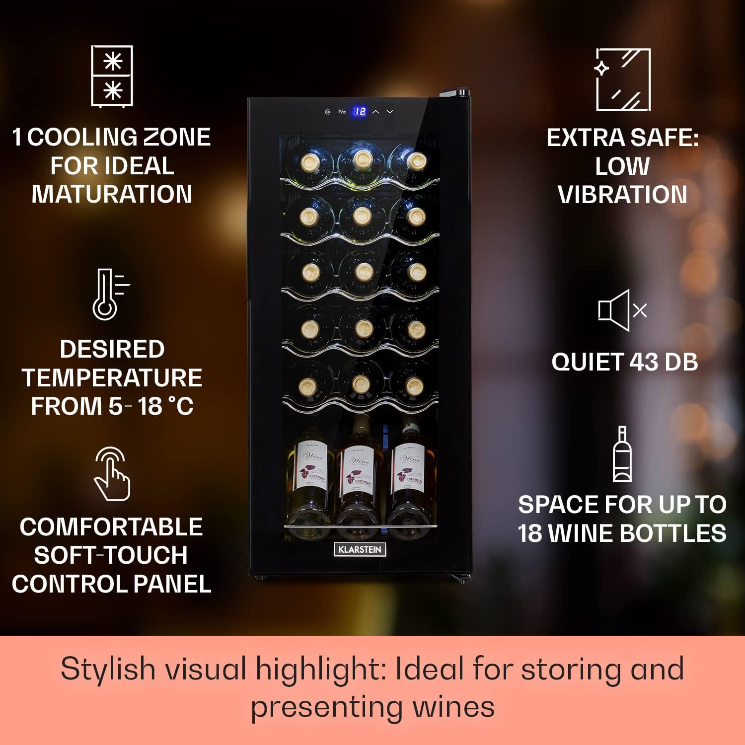 Shiraz Wine Cooler Black – 18 Bottles, 50 L, 1 Zone - Freestanding Wine Fridge with Glass Door, Quiet, 5–18 °C, LED, Stainless Steel Frame 50 Litres / 18 Bottles Black