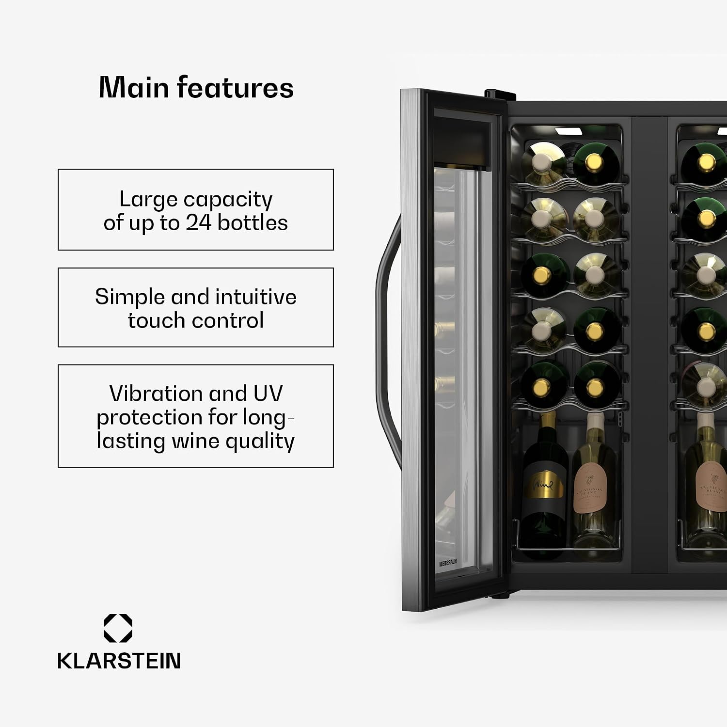 Vinamour wine refrigerator 2 zones - 24 bottles, 5-18°C, touch control, LED lighting, free-standing, stainless steel double door, wine refrigerator