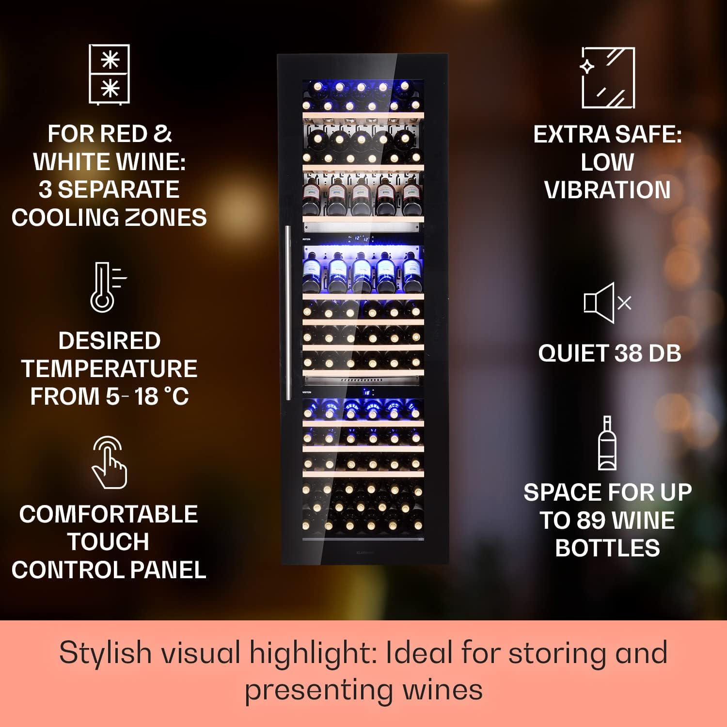 Built-in wine refrigerator, 246 L narrow drinks refrigerator, 3 zone wine with glass door, indoor/outdoor beer safe, large 5-18°C, 89 bottles 246 L / 89 Bottiglie di vino Black