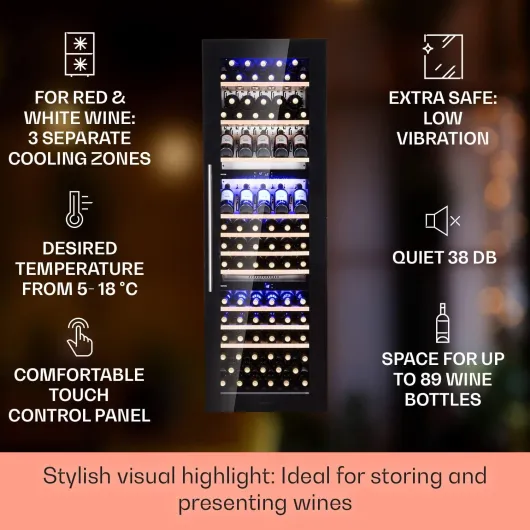 Built-in wine refrigerator, 246 L narrow drinks refrigerator, 3 zone wine with glass door, indoor/outdoor beer safe, large 5-18°C, 89 bottles 246 L / 89 Bottiglie di vino Black