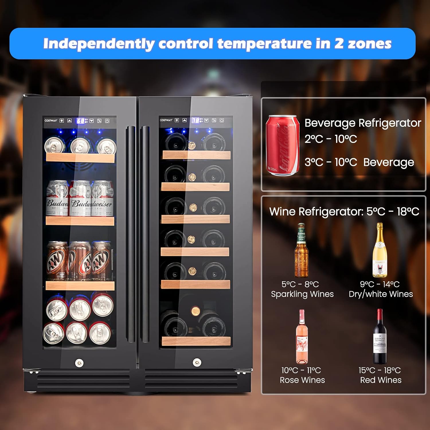 Dual Zone Wine Beverage Refrigerator, 120L Double Door Commercial Bottle Fridge with LED Lights, 2 Independent Control Zones, Removable Shelves & Safety Lock, Bar Beer Drink Fridge (Black)