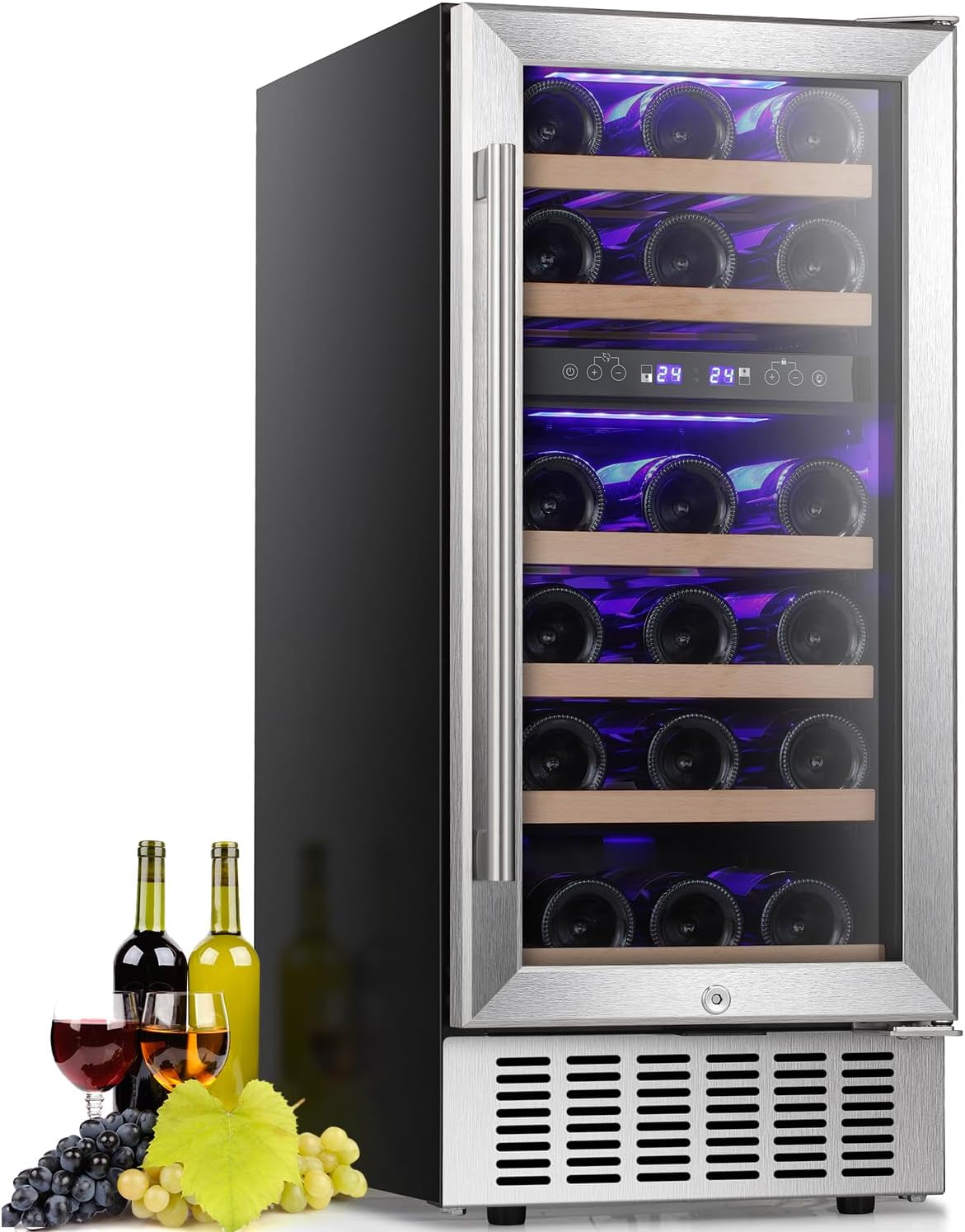 Wine Fridge,15 Inch Wine Cooler Refrigerator Under Counter(41-68°F),28 Bottles Built-in Dual Zone &Freestanding Wine Refrigerator with Stainless Steel & Double-Layer Tempered Glass Door 15INCH