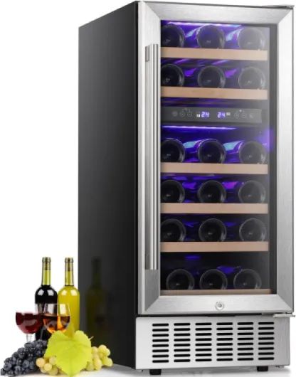 Wine Fridge,15 Inch Wine Cooler Refrigerator Under Counter(41-68°F),28 Bottles Built-in Dual Zone &Freestanding Wine Refrigerator with Stainless Steel & Double-Layer Tempered Glass Door 15INCH