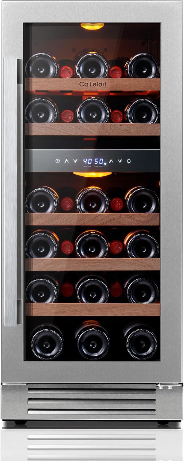 Ca'Lefort 15 Inch Wine Fridge, 28 Bottle Wine Cooler Refrigerator, 40-65°F Wine Refrigerator Glass Door, 3 LED Dual Zone Wine Fridge, Built-in or Freestanding Fridge for Home/Bar/Kitchen (3.0 cu.ft) 15 Inch- Dual Zone 28 Bottles(3.0cu.ft)