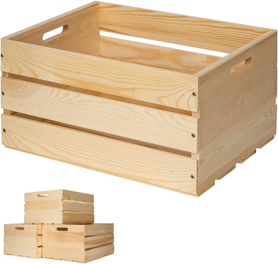 3 Pieces Large Pine Wood Crates For Storage, Unfinished Natural Wooden Crates, 17" x 13" x 8.9" Each, Holds Up to 50 Pounds
