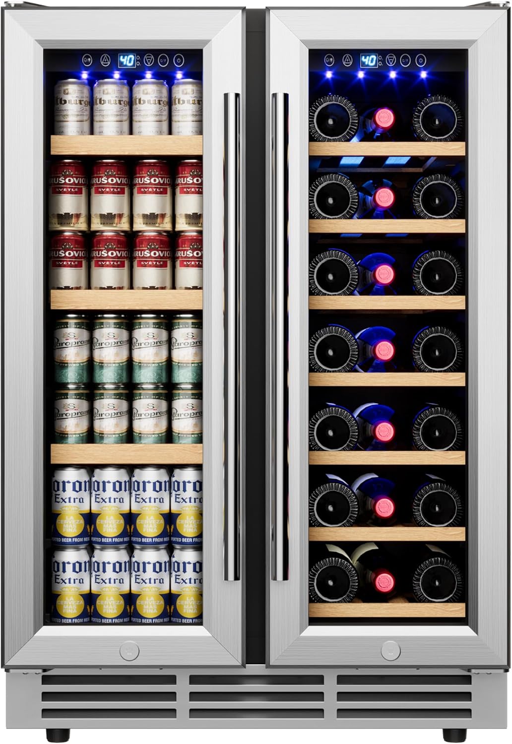 24" Wine and Beverage Refrigerator, Dual Zone Wine Cooler with Glass Door, Hold 88 Cans & 21 Bottles, Built in or Freestanding Under Counter Wine Fridge with Blue LED Light - 24" Wine & Beverage Refrigerator