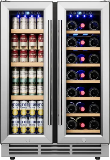24" Wine and Beverage Refrigerator, Dual Zone Wine Cooler with Glass Door, Hold 88 Cans & 21 Bottles, Built in or Freestanding Under Counter Wine Fridge with Blue LED Light - 24" Wine & Beverage Refrigerator