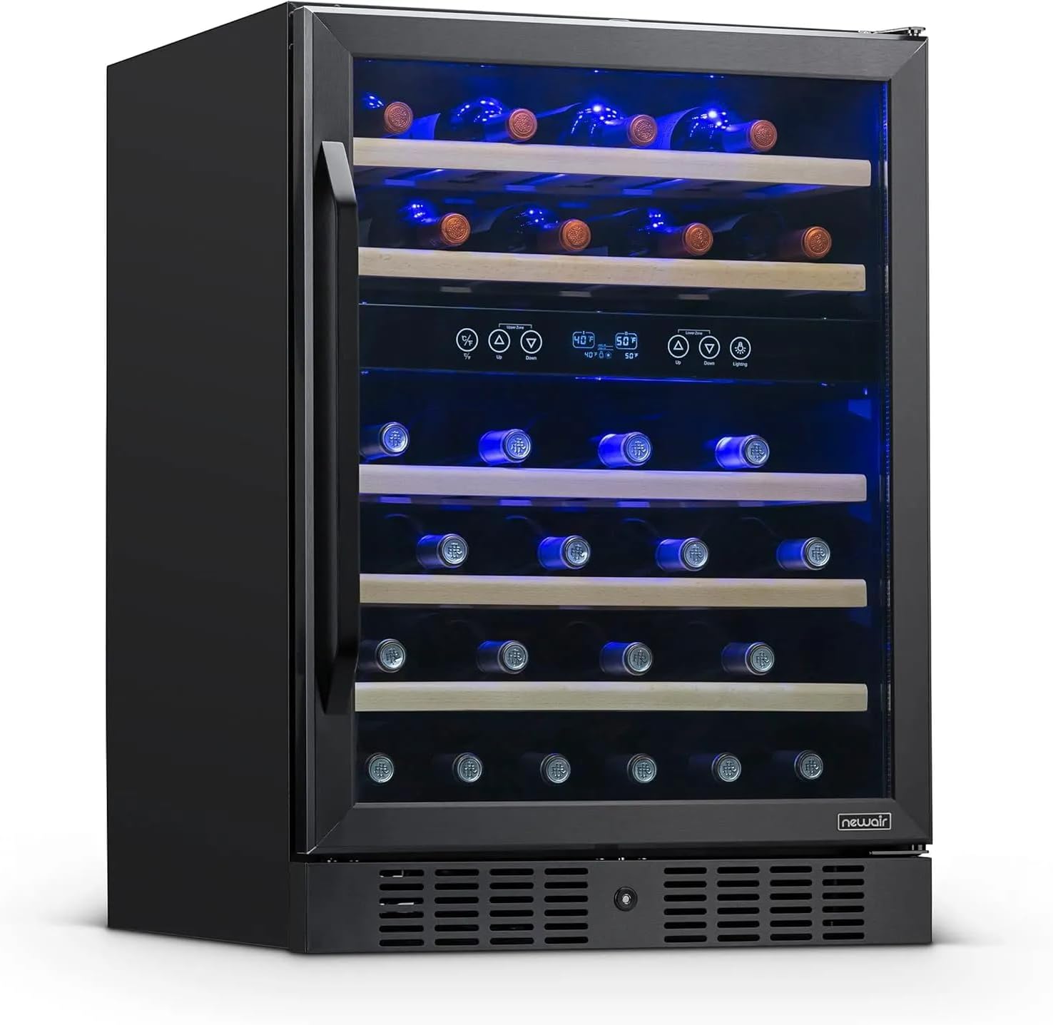 24" Built-in Wine Fridge, 46 Bottle Dual Zone Wine Cooler with Lock, Black Stainless Steel Under Counter Wine Refrigerator with Removable Wooden Shelves for Home Bar & Kitchen Cabinet Black Stainless Steel 46 Bottle