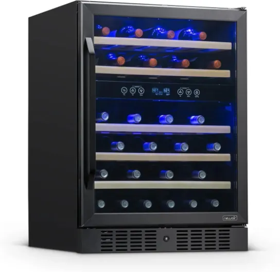 24" Built-in Wine Fridge, 46 Bottle Dual Zone Wine Cooler with Lock, Black Stainless Steel Under Counter Wine Refrigerator with Removable Wooden Shelves for Home Bar & Kitchen Cabinet Black Stainless Steel 46 Bottle