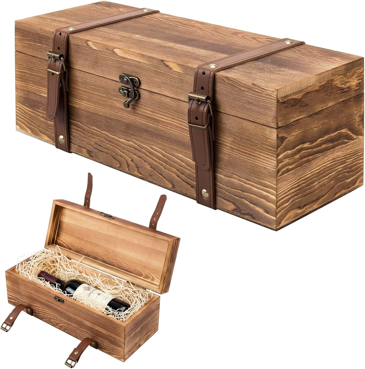 Wooden Wine Gift Box, Whiskey Box with Locking Latch & Leather Straps, for Wedding Champagne, Beer,Vintage Rustic Brown, 14x5x5 Inches