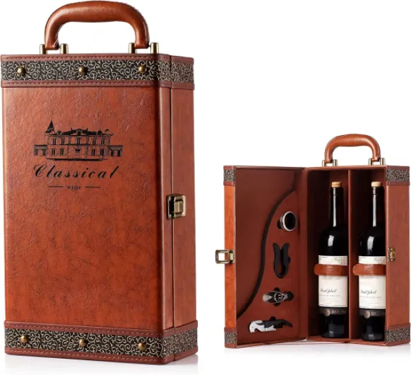 2 Bottle Wine Gift Box with 4 Accessories, Portable Wine Carrier Tote for Special Occasions, Vintage Leather Storage Box for Home Bar Decor Two Bottles Brown
