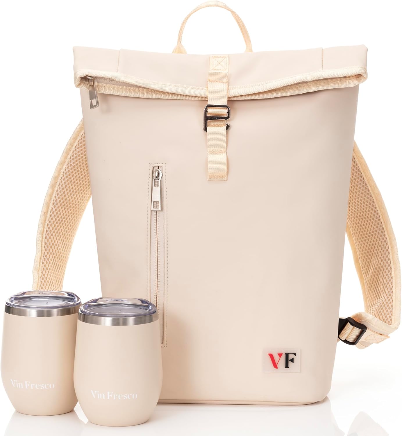 Two Bottle Rolltop Wine Tote Bag – Stylish PU Leather Backpack with Matching Tumblers – Compact & Lightweight Wine Carrier with Padded Straps & Compartments for Travel & Picnics (Beige)