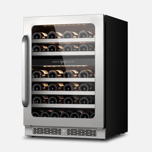 Wine Refrigerator Cooler Dual Zone Advanced Compressor Cooling Wine Fridge Under Counter with Glass Door 3 LED Built-in 46 Bottles Freestanding Seamless Frame for Home Bar Kitchen 5.65 cu.ft 24 Inch Dual Zone 46 Bottles