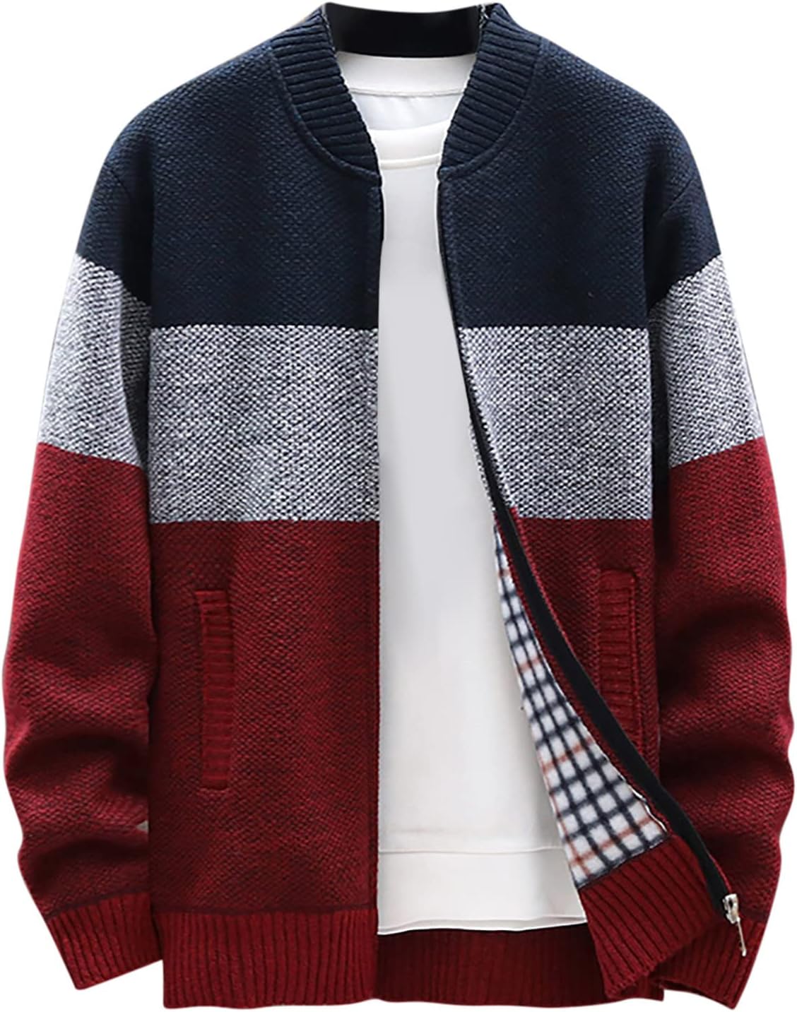 Cardigan Sweaters for Men Lightweight Knitted Stand Collar Jacket Coat Long Sleeve Full Zip Fleece Lined Knitwear XX-Large #03 Wine