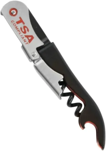 TSA Compliant Corkscrew Bottle Opener, Black Double Hinged, Stainless Steel Wine Key (1 Pack)