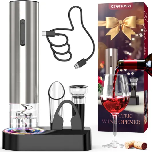 Wine Opener Electric, Rechargeable Wine Bottle Opener, Automatic Corkscrew with Vacuum Stopper, Aerator Pourer, Foil Cutter, Display Base, House Warming Gifts for New Home Wedding Birthday