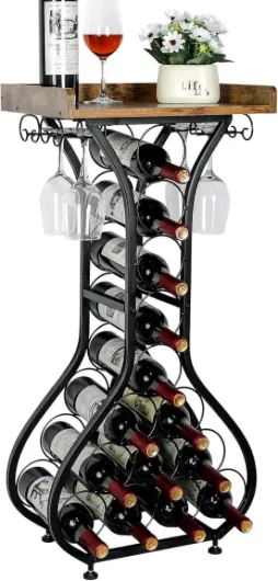 X-cosrack Wine Rack Freestanding Floor, Mini Bar Table Wine Holder Stand Liquor Cabinet with Glass Holder Wood Tabletop 14 Bottles Floor Wine Storage for Home Bar Kitchen Living Room (Patent Pending)