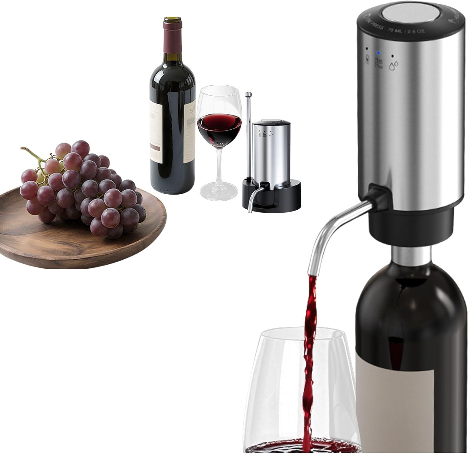 Rechargeable Wine aerator Electric Wine Decanter, Automatic Wine Dispenser withStorage Base,Two Modes:long press to continuously Dispense wine/single press to Dispense75ml of Wine Silver