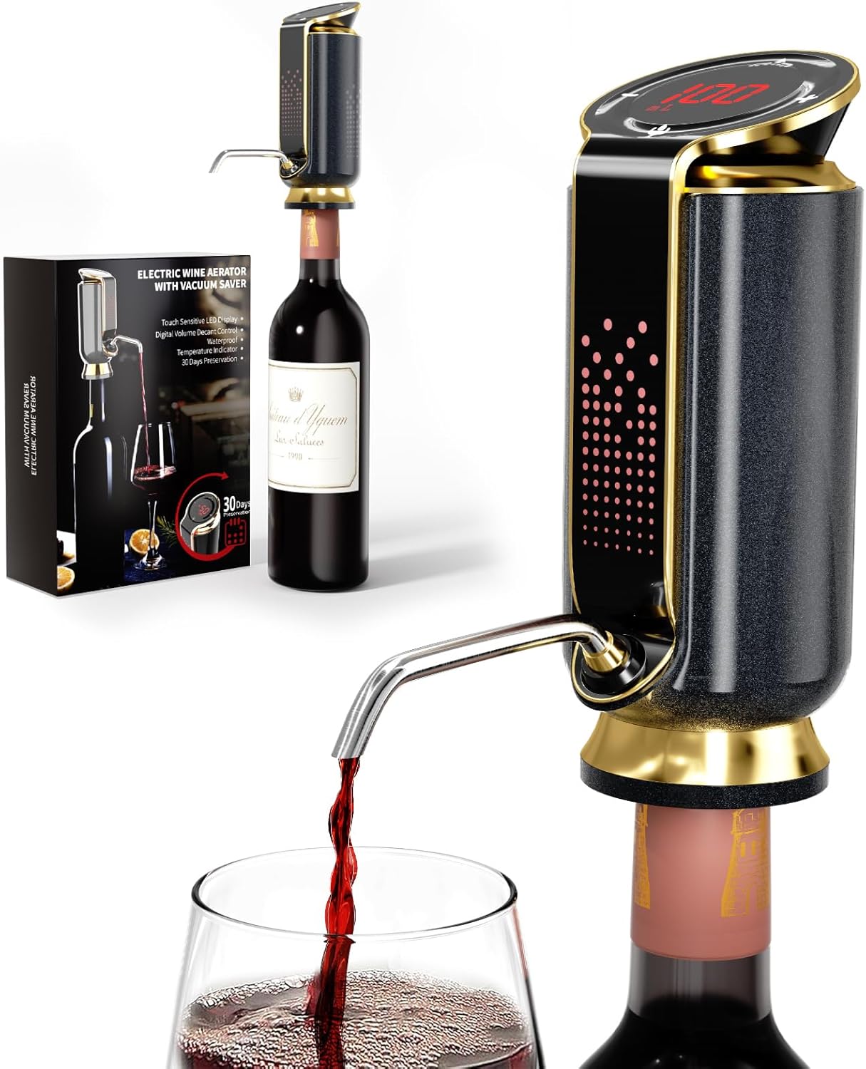 Luxurious 3-in-1 Electric Wine Aerator, Dispenser & Vacuum Pump - Wine Preservation System - Gifts for Women Wife Men Husband(Black/Gold) Black&Gold