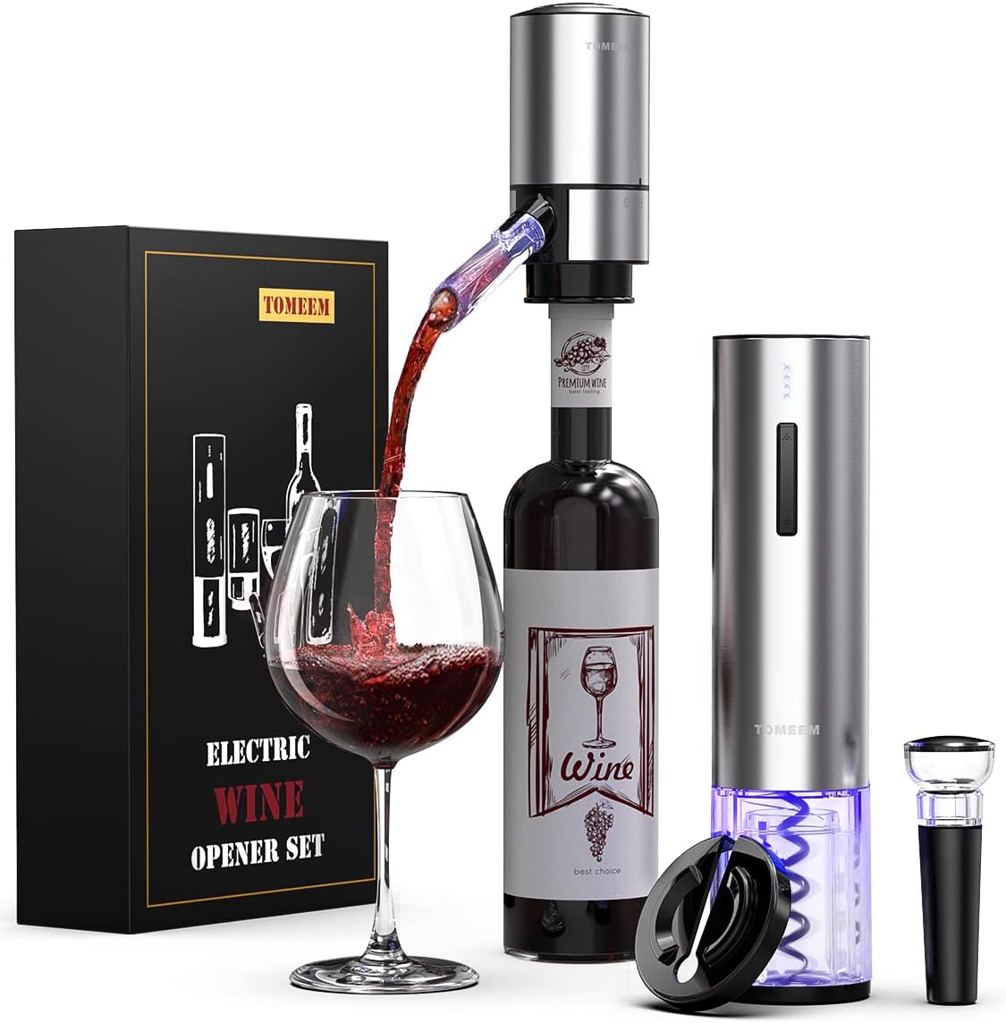 Rechargeable Electric Wine Gift Set - Aerator, Vacuum Stoppers, Foil Cutter and Bottle Opener for Home Bar and Outdoor Parties Silver