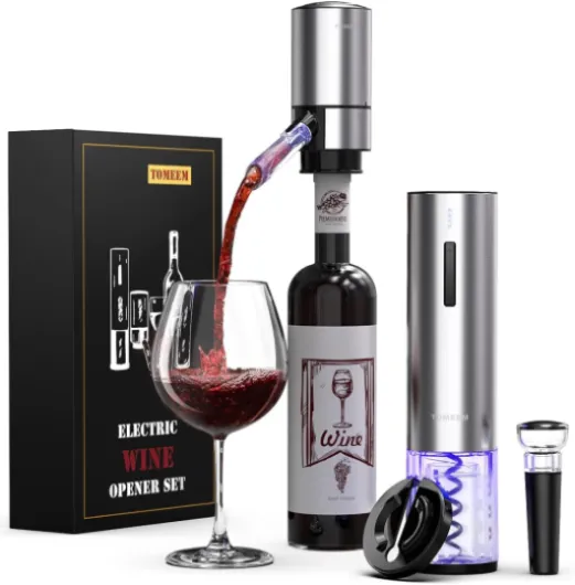 Rechargeable Electric Wine Gift Set - Aerator, Vacuum Stoppers, Foil Cutter and Bottle Opener for Home Bar and Outdoor Parties Silver