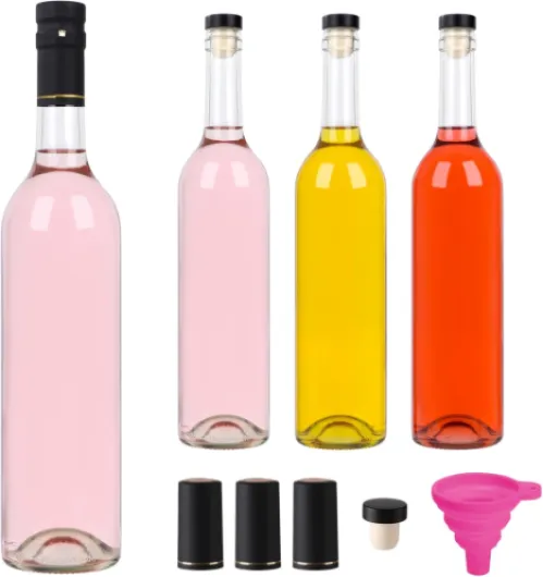 Wine Bottles 750ml 4Pack, Empty Wine Bottles with T-Corks & Vacuum Pull-Tab Caps and Collapsible Funnel for Home Brewing, Storage, DIY Gifts (25fl.oz Set of 4) 750ml-4Pack