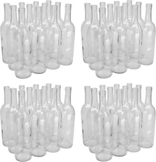 750ml Glass Bordeaux Wine Bottle Flat-Bottomed Cork Finish - 48 Bottles (4 Cases of 12) - Clear/Flint
