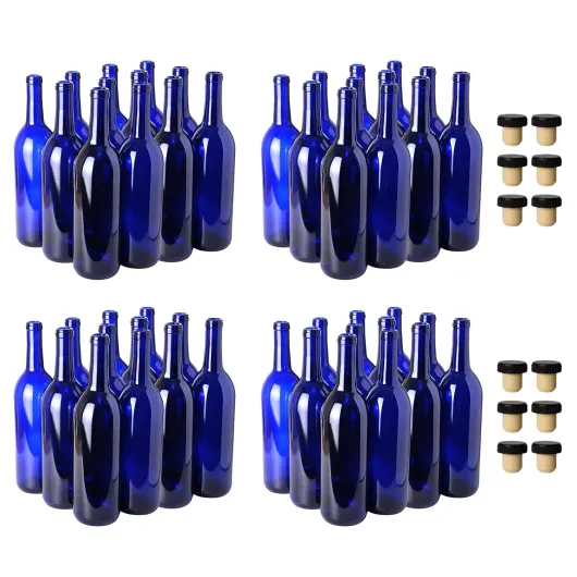 750ml Blue Wine Bottles (Pack of 48), W5 Cobalt Blue Bordeaux Liquor Bottles - Flat-Bottomed - CORK TOP Wine Bottle for Drinks - 12 Cognac Corks w/Plastic Cork Tops Included - 4 cases of 12