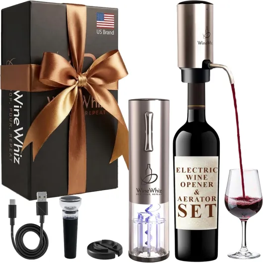 Electric Wine Aerator & Opener Set with Accessories, Rechargeable Automatic Corkscrew, Aerator, Dispenser, Foil Cutter Tool, Stopper, Wine Lovers Gift for Housewarming, Birthday, Registry, Anniversary Set with Premium Box