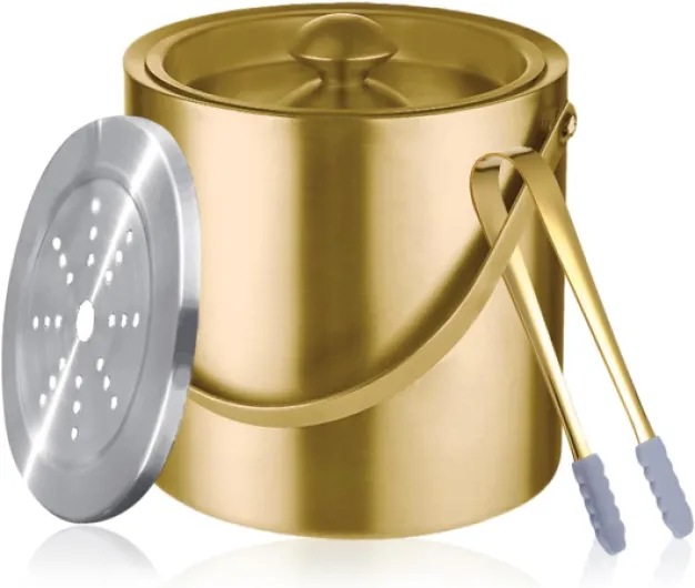 Gold Ice Bucket with Lid, Handle and Tong Insulated Stainless Steel Champagne Bucket 3L Wine Bucket for Party Bar Cart Accessories Large Double Wall Bucket Keep Frozen