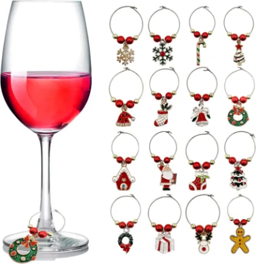 Wine Glass Charms Christmas Themed Wine Glass Markers Tags Identification for Stem Glasses, Drinker Gift Tasting Party Favors Decorations Set of 16
