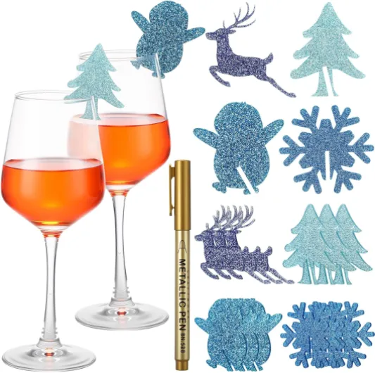 Leinuosen 12 Pcs Christmas Wine Glass Markers Acrylic Glass Charms Reindeer Snowflake Penguin Christmas Tree Design Glitter Drink Tags for Xmas Winter Birthday Bar Wine Tasting Party