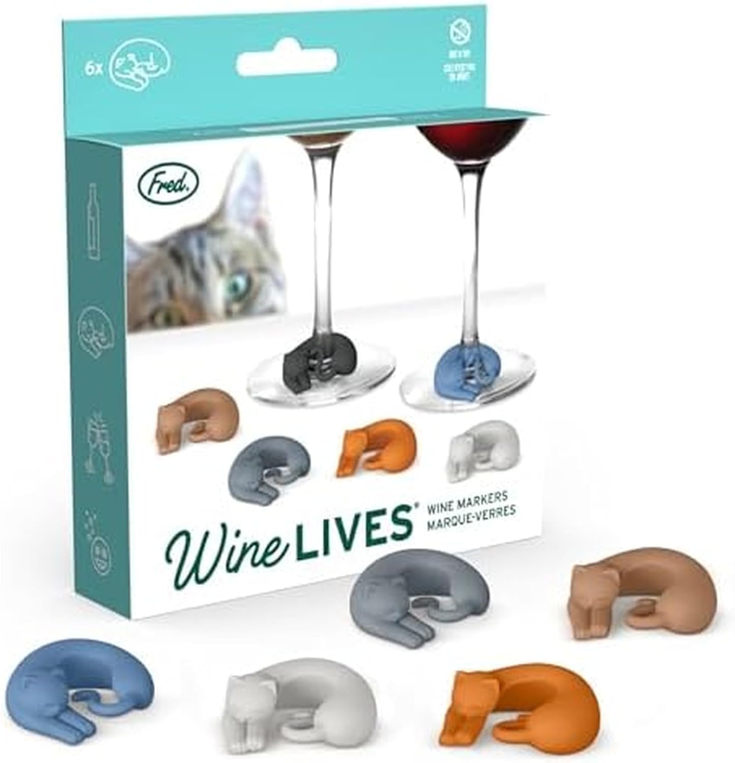 Wine Lives Kitty Drink Markers, Set of 6 multicolor