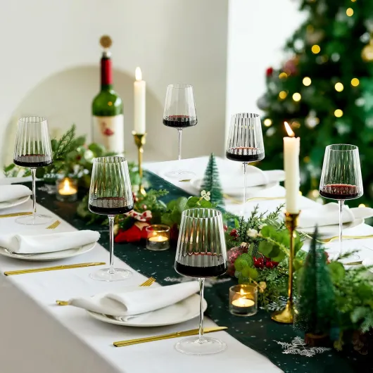 Ribbed Wine Glasses Set of 6: 13.5oz Cute Hand Blown Lead-Free Crystal Long Stem Red Wines Cups for Wedding Party Birthday