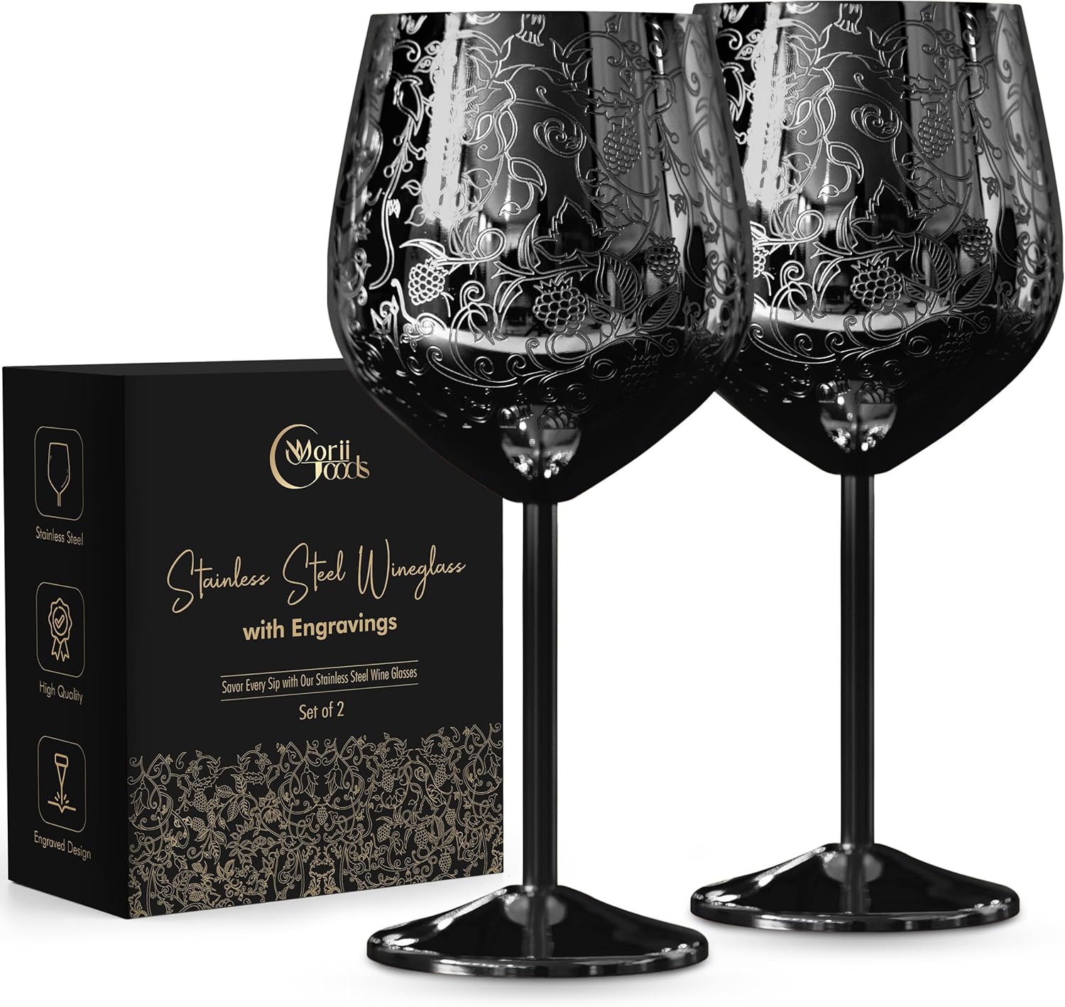 Stainless Steel Wine Glasses - Set of 2 Etched 16 oz Metal Goblets, Unbreakable Rose Gold Cups for Camping, Travel, Outdoor Events, Picnics, Luxury Wine Gifts for Women and Men Black