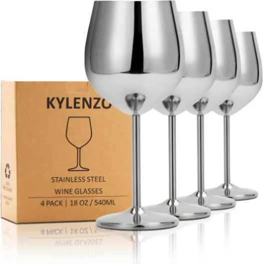Stainless Steel Wine Glasses Set of 4, 18oz Silver Unbreakable Goblets - Outdoor Metal Cups for Travel, Camping, Pool Parties Sliver