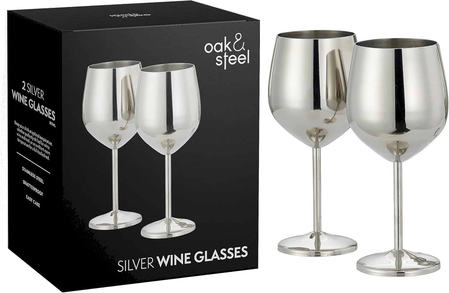 Oak & Steel - 2 Silver Stainless Steel Wine Glasses (18 Oz) Unbreakable Metal Wine Glasses, Wine Goblets with Gift Box for House Warming, Valentines, Anniversary Silver 2 Pack