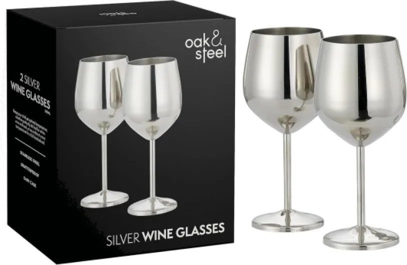 Oak & Steel - 2 Silver Stainless Steel Wine Glasses (18 Oz) Unbreakable Metal Wine Glasses, Wine Goblets with Gift Box for House Warming, Valentines, Anniversary Silver 2 Pack