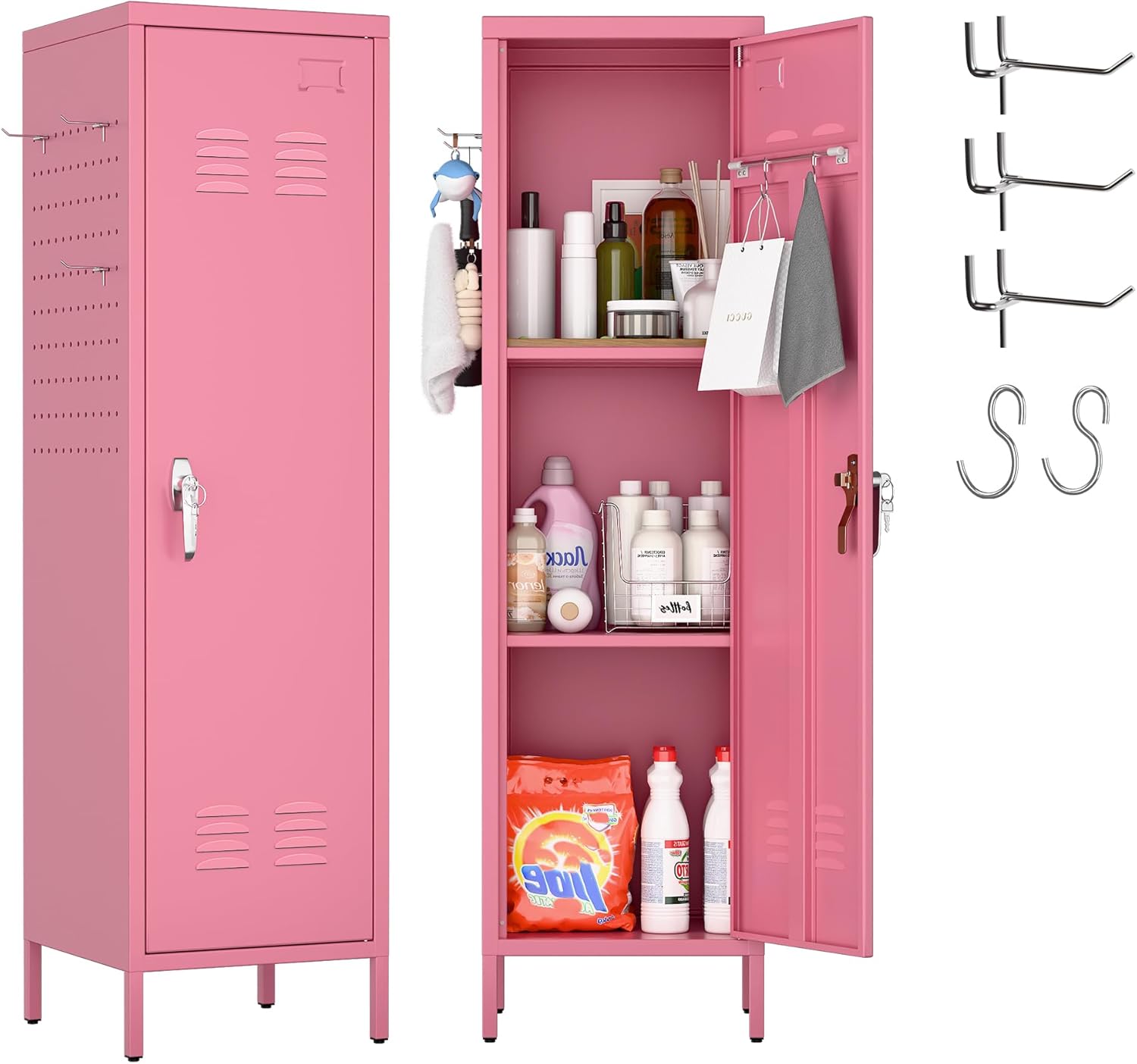 Lockable Metal Lockers with Handle and Keys,Metal Storage Locker with 2 Pegboard & 5 Hooks for Home,Office,School,Pink,Required Assembly Pink 54"H-1 Door