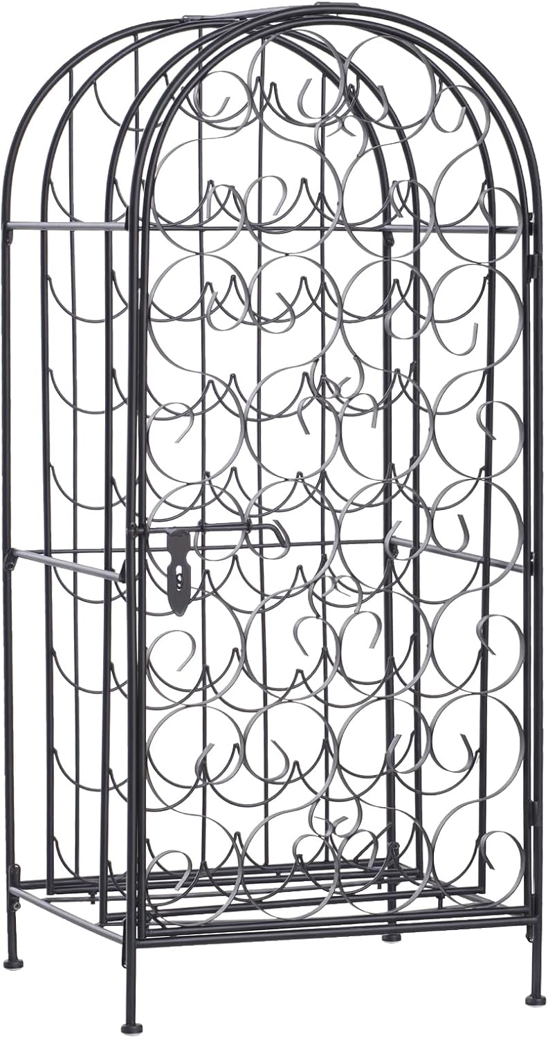 35 Bottle Wrought Iron Wine Rack Cabinet with Lock - Black