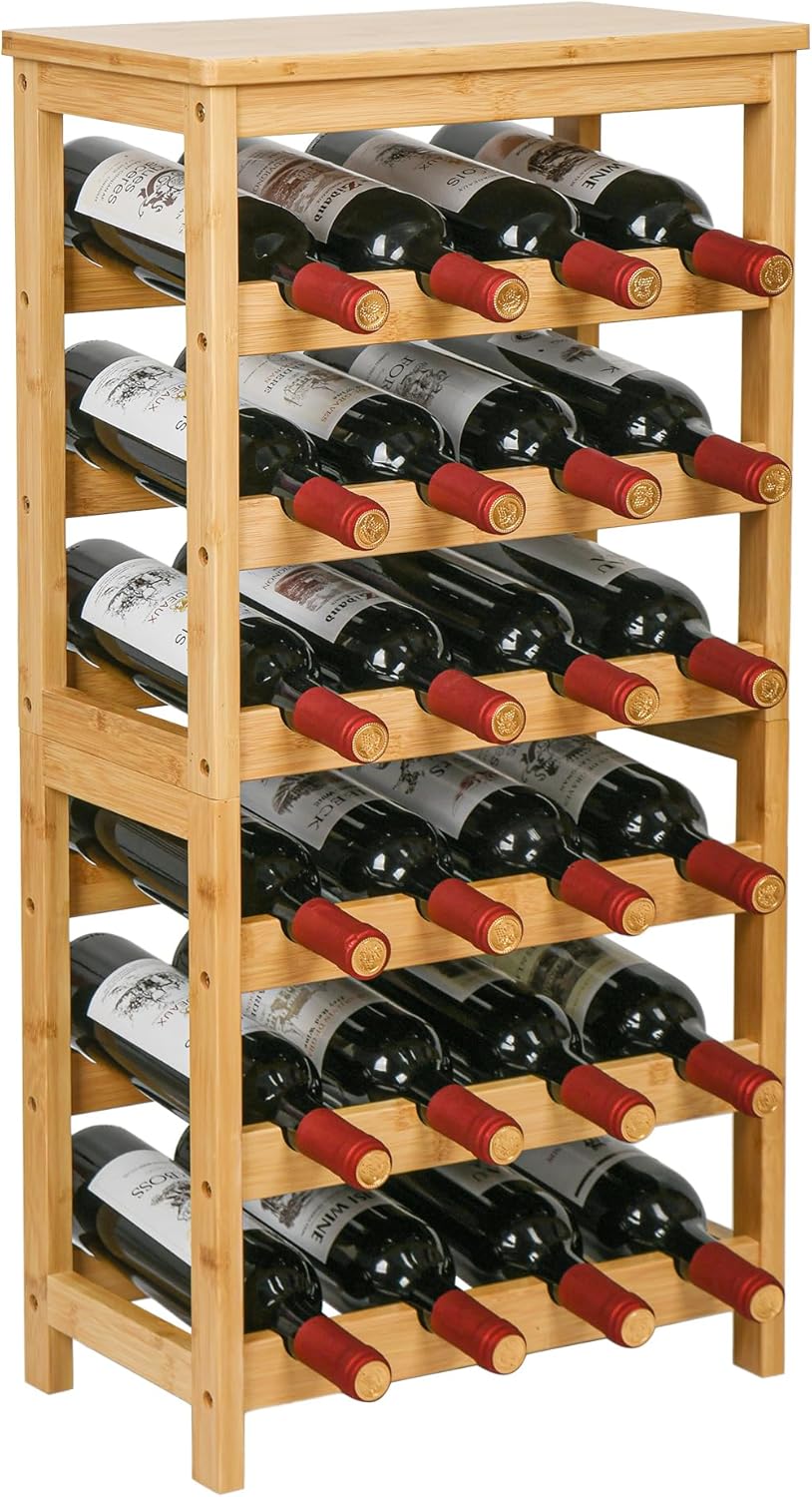 VASMIA Wine Rack Free Standing Floor, 6-Tier Display Wine Storage Shelves with Table Top, 24-Bottle Bamboo Wine Rack Shelf for Kitchen Bar Dining Room Living Room, Natural Natural 6 Tiers