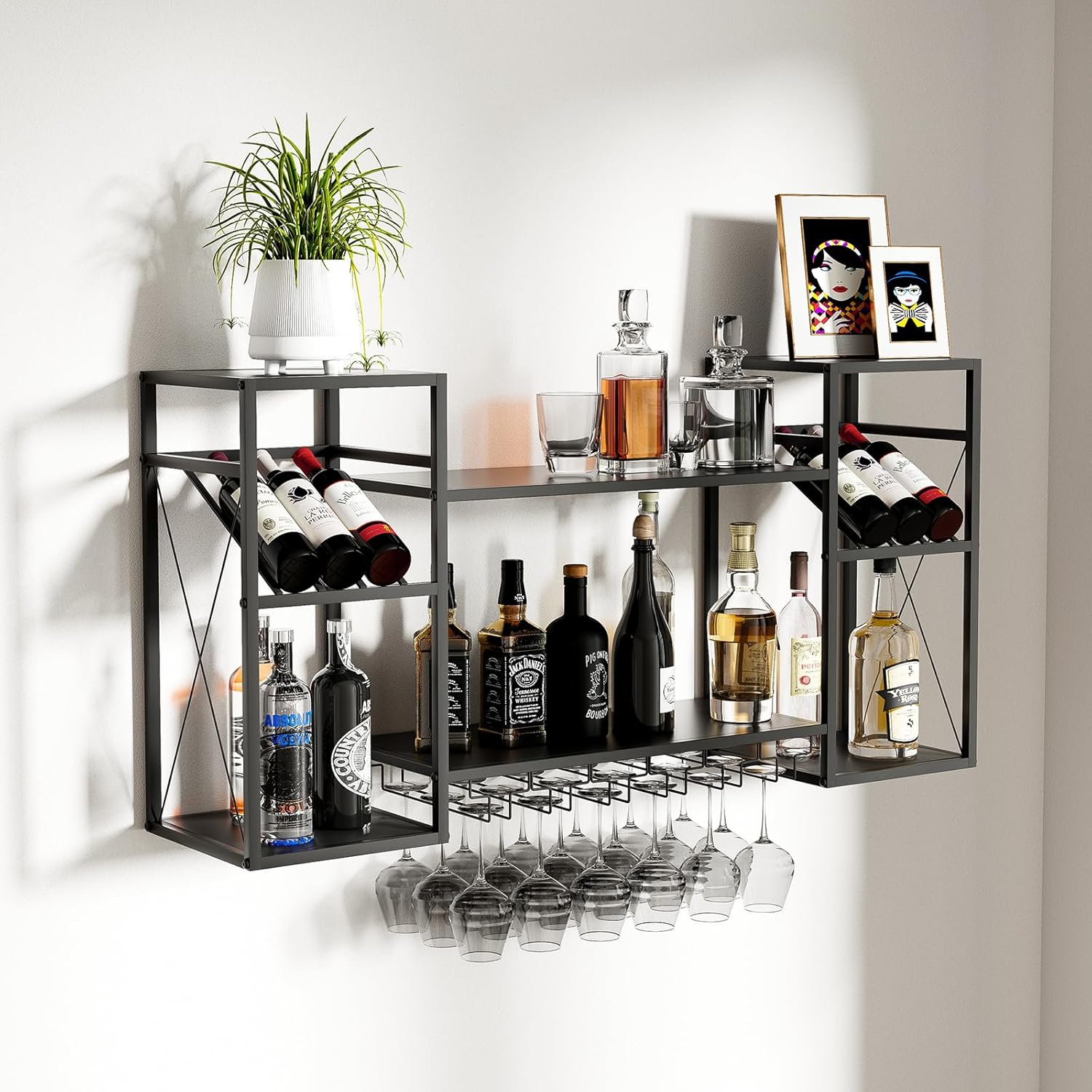 2-Tier Wall Mounted Wine Rack Metal Bar Liquor Shelves Industrial Pipe Shelves Wine Rack with 6 Stem Glass Holder Storage Large Heavy Duty Wine Racks for Home Bar Kitchen/Living Room(Black)