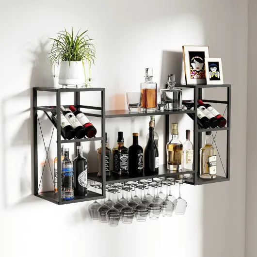 2-Tier Wall Mounted Wine Rack Metal Bar Liquor Shelves Industrial Pipe Shelves Wine Rack with 6 Stem Glass Holder Storage Large Heavy Duty Wine Racks for Home Bar Kitchen/Living Room(Black)