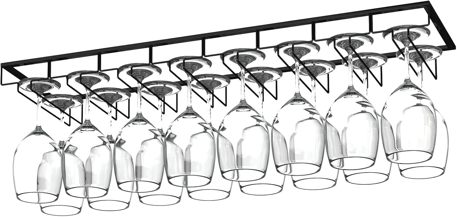 8-Row Wine Glass Rack Under Cabinet, 31 inch Stemware Hanger under Shelf, Large Capacity Glasses Storage for Bars and Kitchen Counters Black