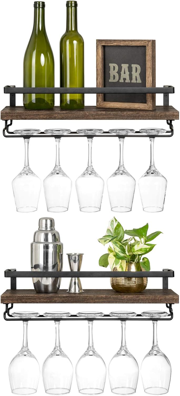 Wall Mounted Wine Rack Set of 2 Wood Rustic Wine Bottle Glass Floating Shelves with Stemware Hanger Modern Plants Photos Wine Display Storage Holder for Kitchen Dining Room Bar, 17 Inch Brown
