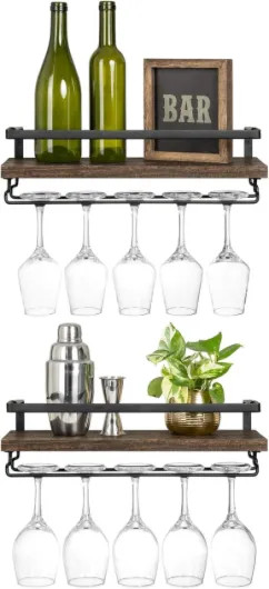 Wall Mounted Wine Rack Set of 2 Wood Rustic Wine Bottle Glass Floating Shelves with Stemware Hanger Modern Plants Photos Wine Display Storage Holder for Kitchen Dining Room Bar, 17 Inch Brown
